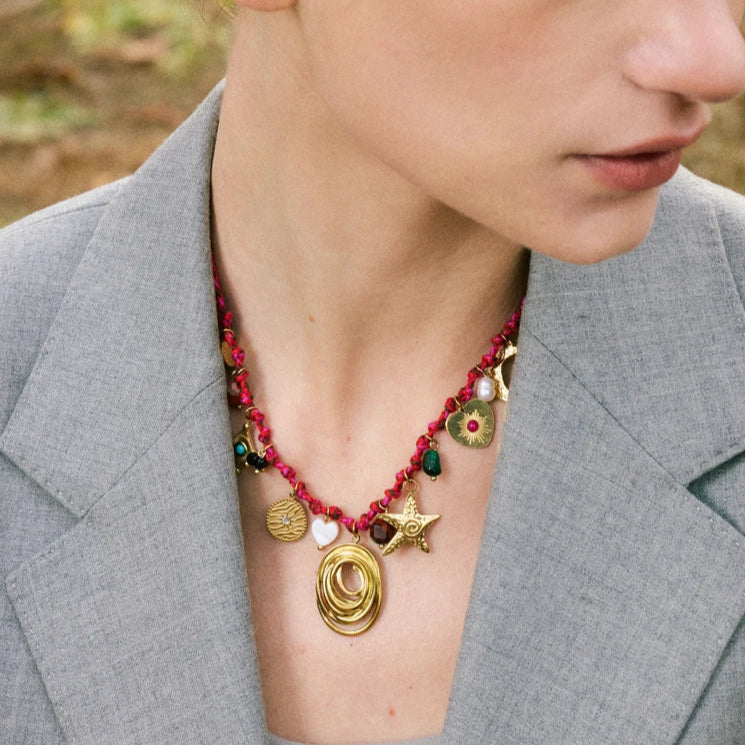 Braided Rope Necklace with Stone Moon & Star Pendant