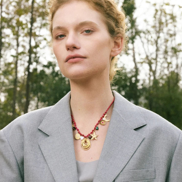 Braided Rope Necklace with Stone Moon & Star Pendant