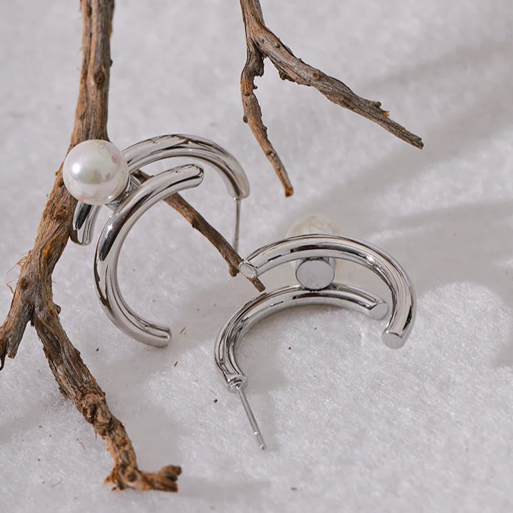Geometric Imitation Pearl Huggie Earrings