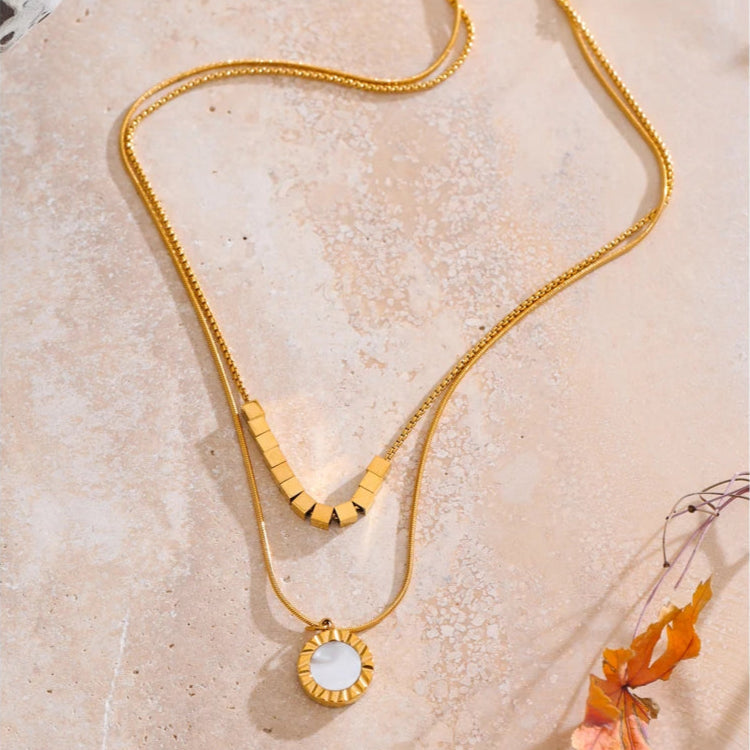Double-Sided Shell & Black Acrylic Layered Pendant Necklace