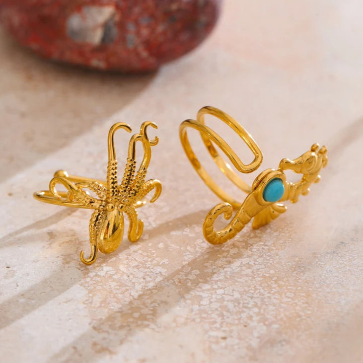Ocean-Inspired Squid & Seahorse Gold Ring
