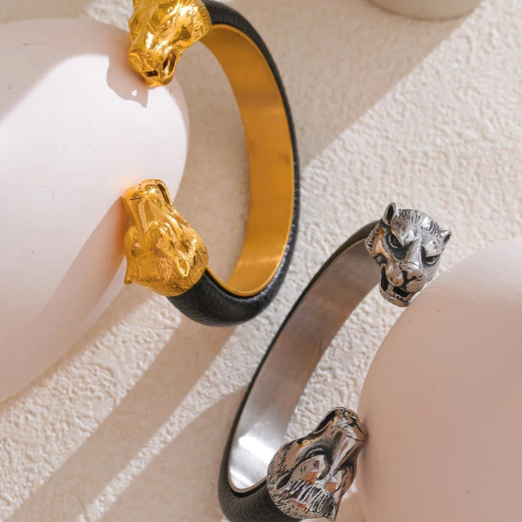 Vintage Leather & Wolf Cuff Bracelet