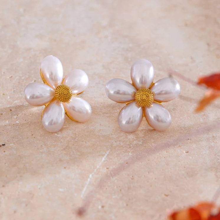 Flower Stud Earrings with Simulated Pearls