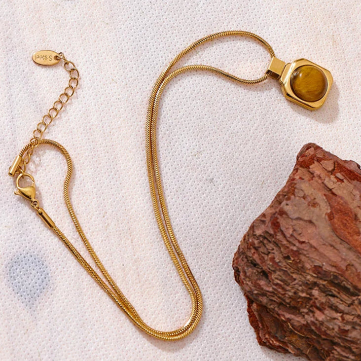 Tiger Eye Stone Square Pendant Necklace