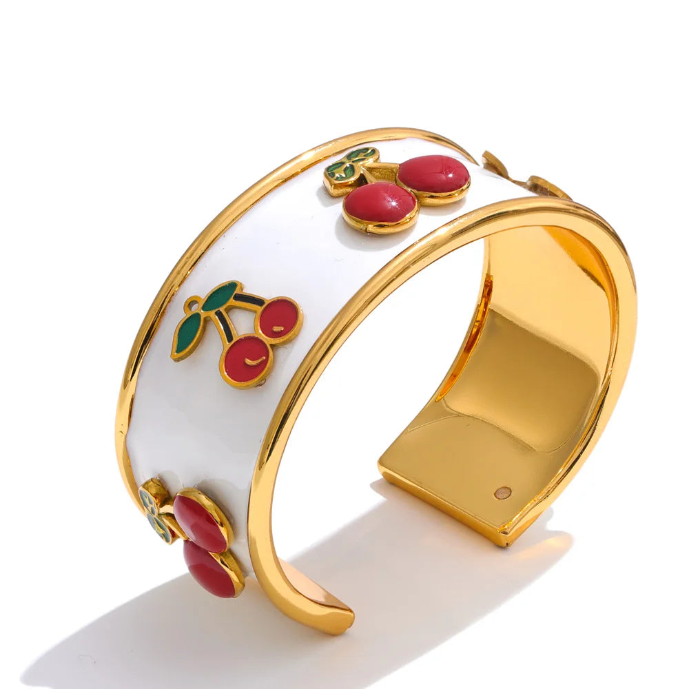 White Enamel Cherry Cuff Bracelet