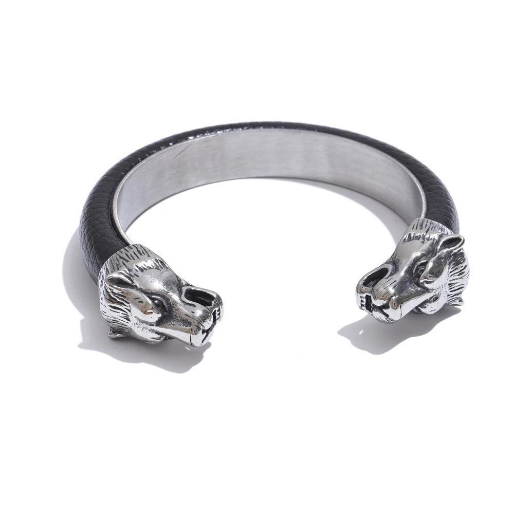 Vintage Leather & Wolf Cuff Bracelet