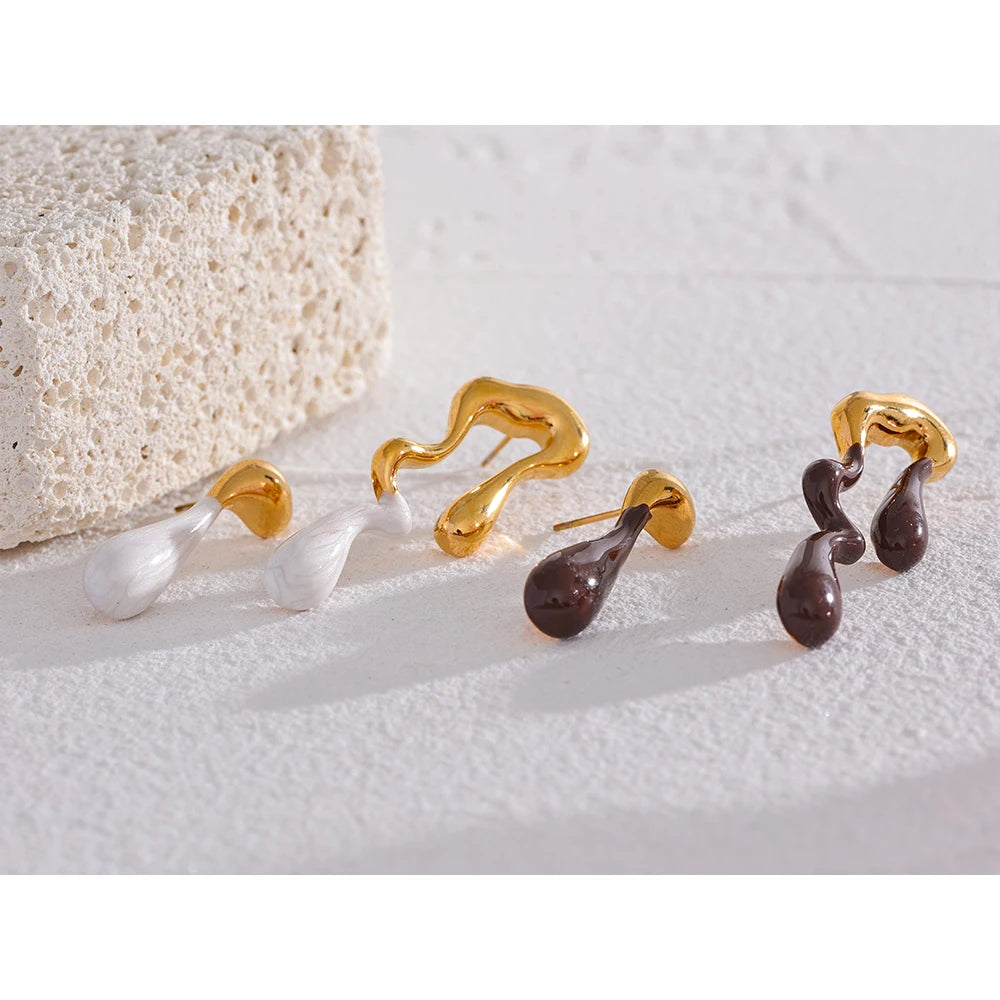 Asymmetrical White & Brown Enamel Stud Earrings