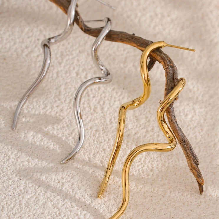 Minimalist Flowing Metal Long Stud Earrings