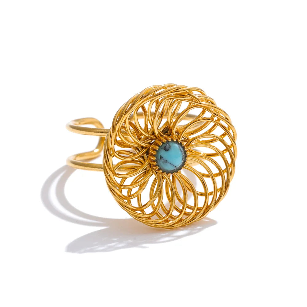 Adjustable Ring With Stone & Floral Hollow Design