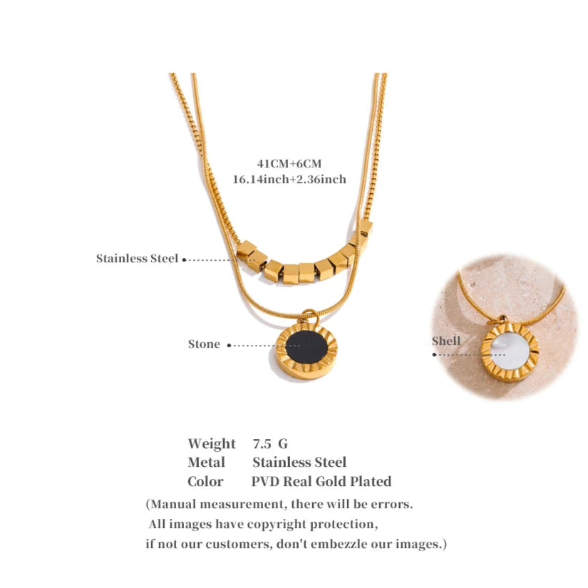 Double-Sided Shell & Black Acrylic Layered Pendant Necklace