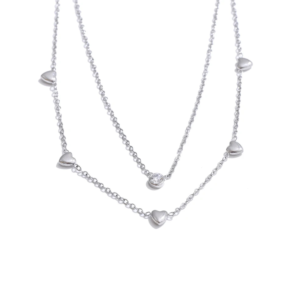 Double Layer Heart & Zirconia Necklace