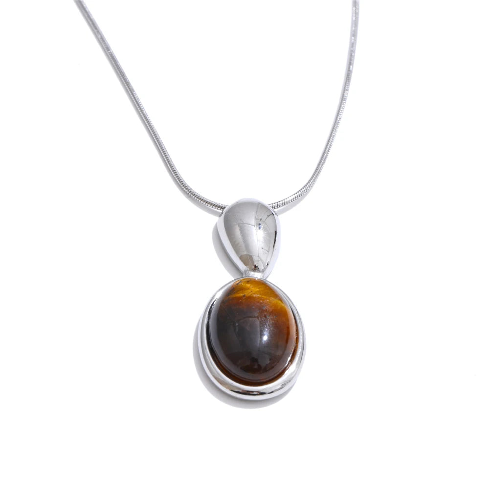 Tiger Eye Stone Oval Pendant Necklace