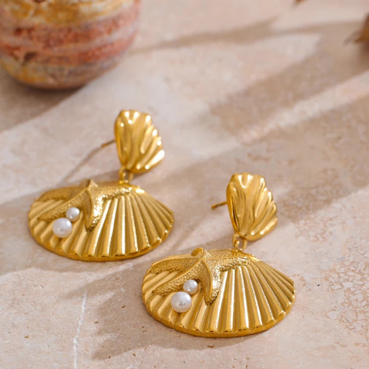 Ocean-Inspired Pearl & Shell Starfish Drop Earrings