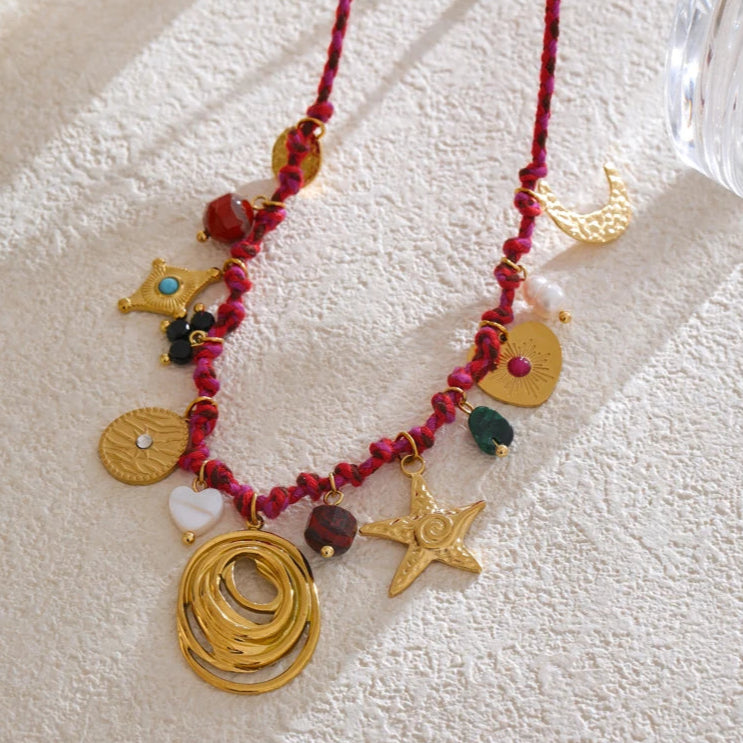 Braided Rope Necklace with Stone Moon & Star Pendant
