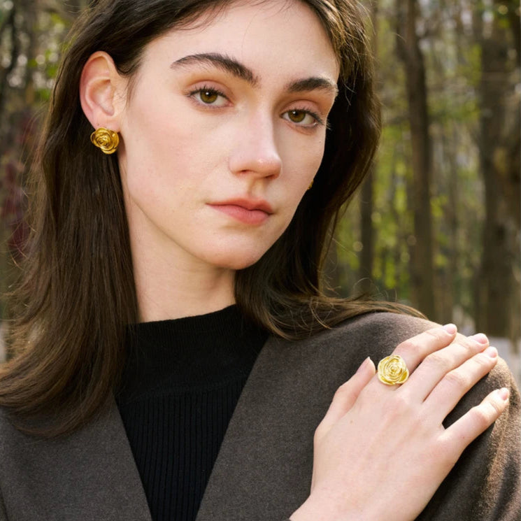 Gold Flower Ring & Earrings Set