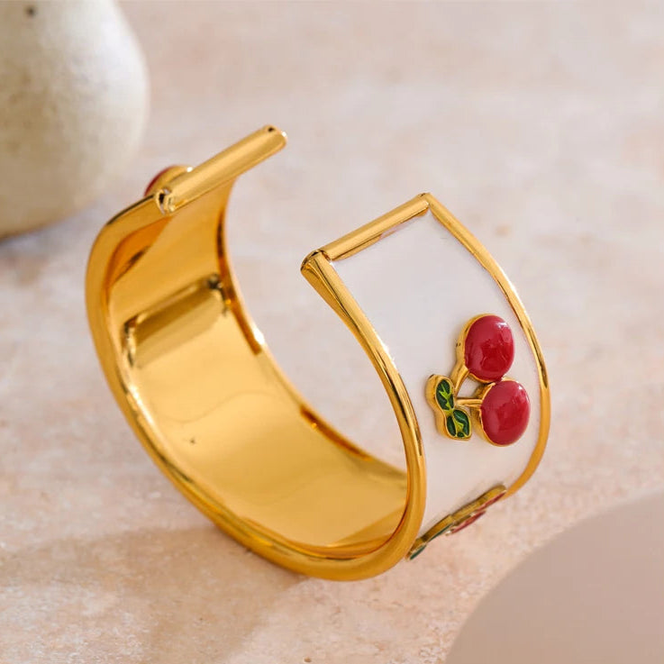 White Enamel Cherry Cuff Bracelet