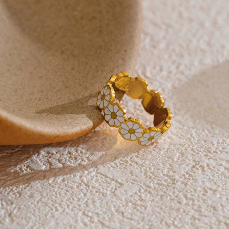 White Enamel Daisy Flower Ring