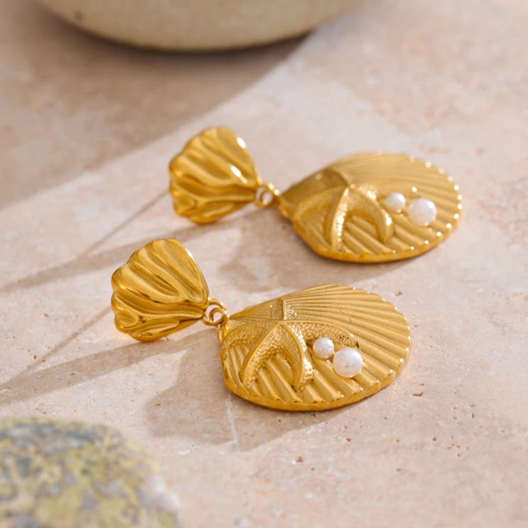 Ocean-Inspired Pearl & Shell Starfish Drop Earrings