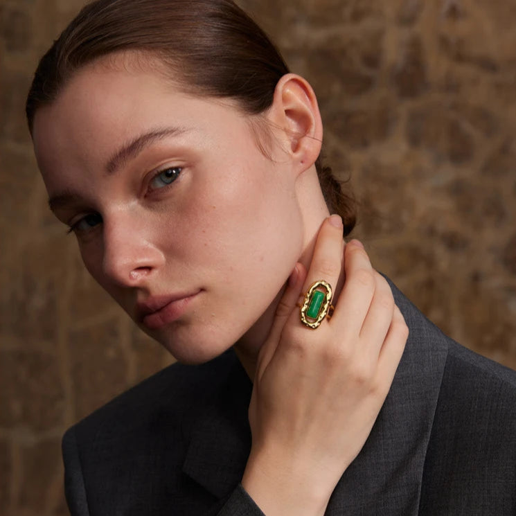 Adjustable Green Agate Open Ring