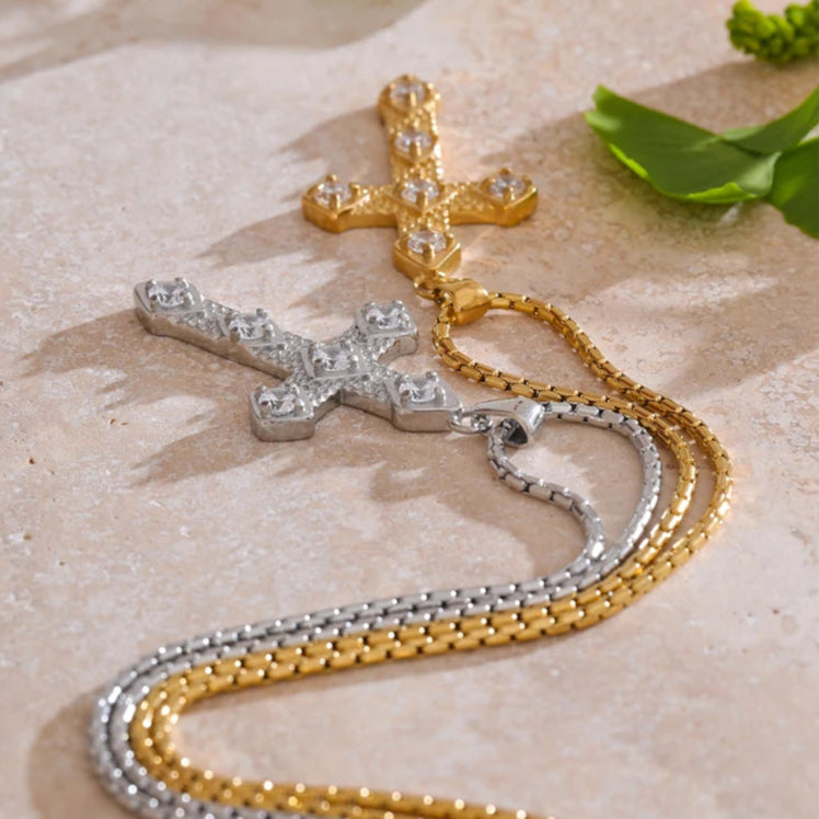 Shiny Cubic Zirconia Cross Pendant Necklace