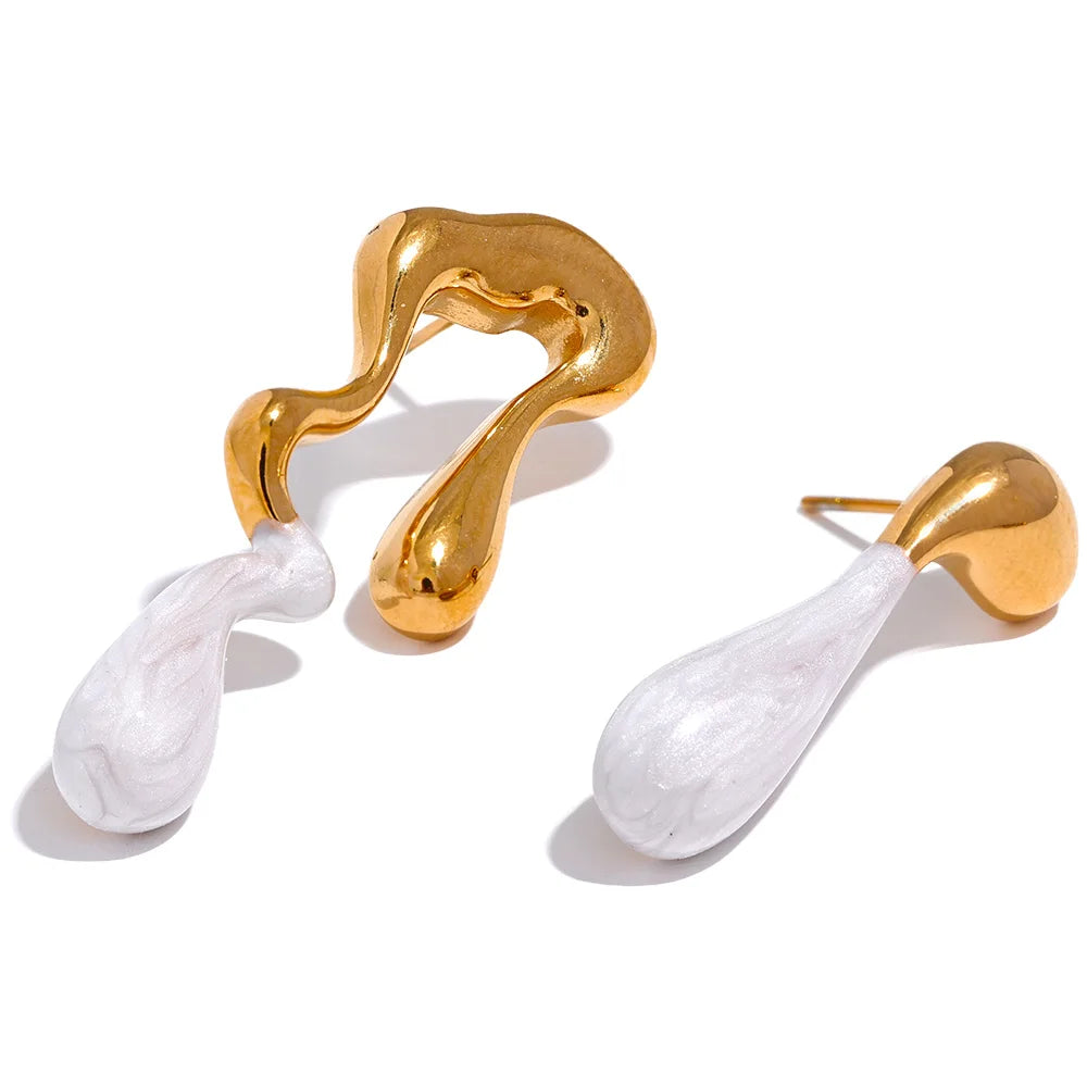 Asymmetrical White & Brown Enamel Stud Earrings