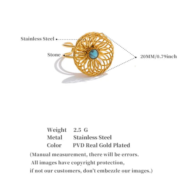 Adjustable Ring With Stone & Floral Hollow Design