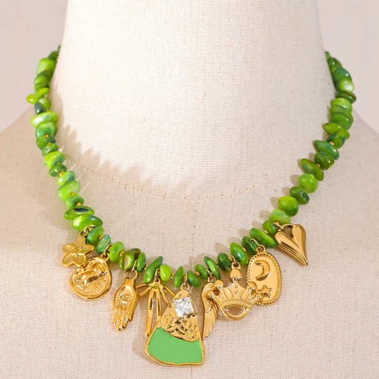 Green Shell Flower Drop Necklace