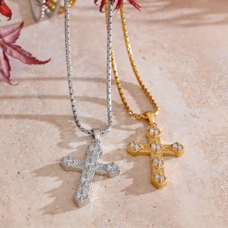 Shiny Cubic Zirconia Cross Pendant Necklace
