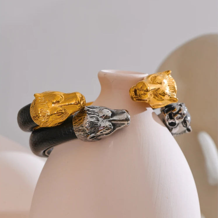 Vintage Leather & Wolf Cuff Bracelet