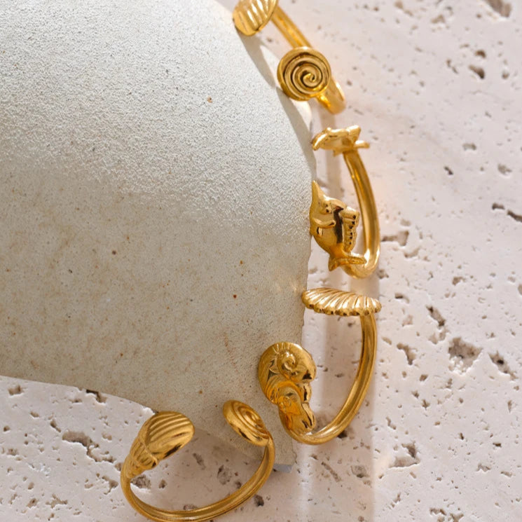 Adjustable Ocean Shell and Fish Open Ring