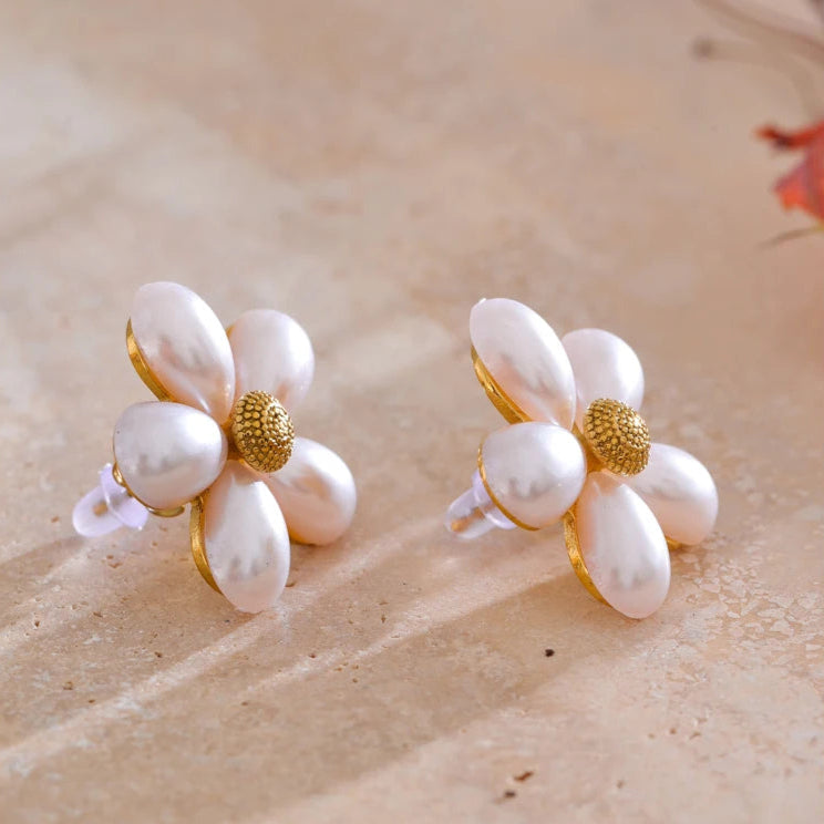 Flower Stud Earrings with Simulated Pearls