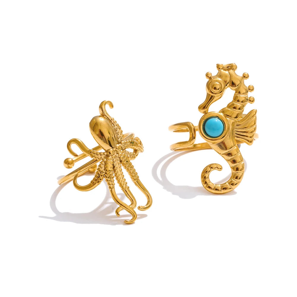 Ocean-Inspired Squid & Seahorse Gold Ring