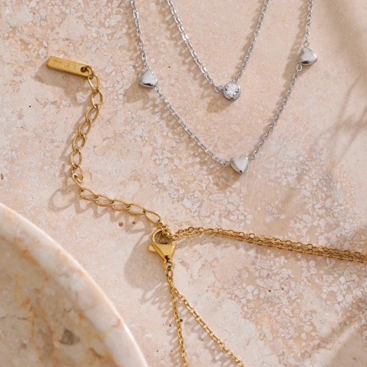 Double Layer Heart & Zirconia Necklace