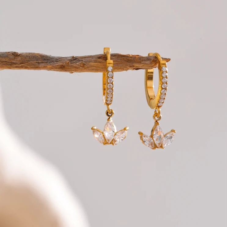 Gold Cubic Zirconia Flower Drop Hoop Earrings