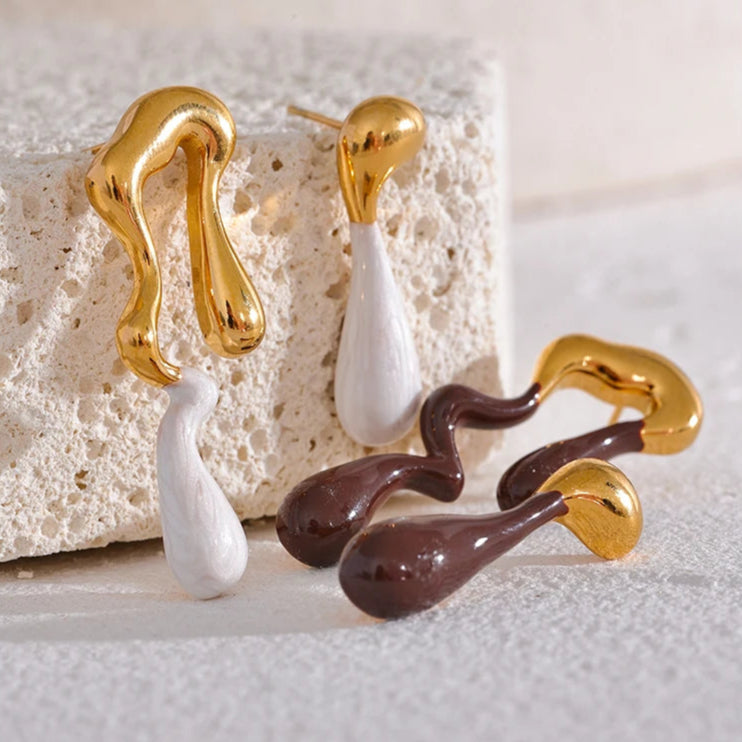 Asymmetrical White & Brown Enamel Stud Earrings