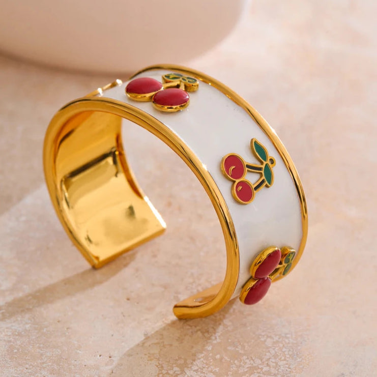 White Enamel Cherry Cuff Bracelet