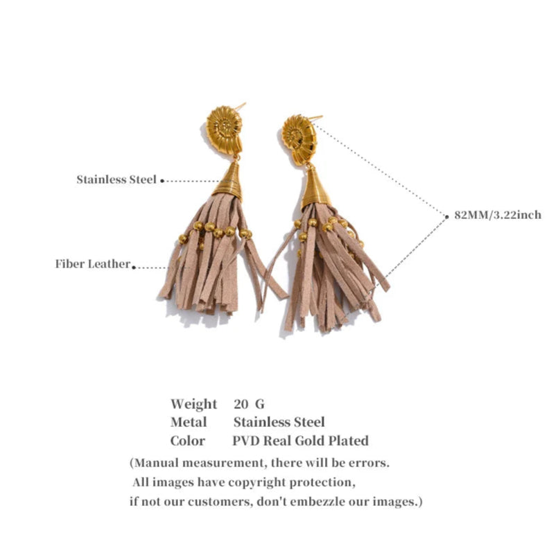 Shell & Coffee Fiber Leather Tassel Drop Earrings