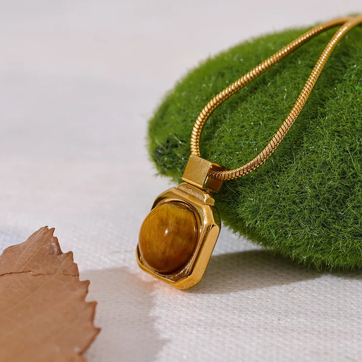 Tiger Eye Stone Square Pendant Necklace