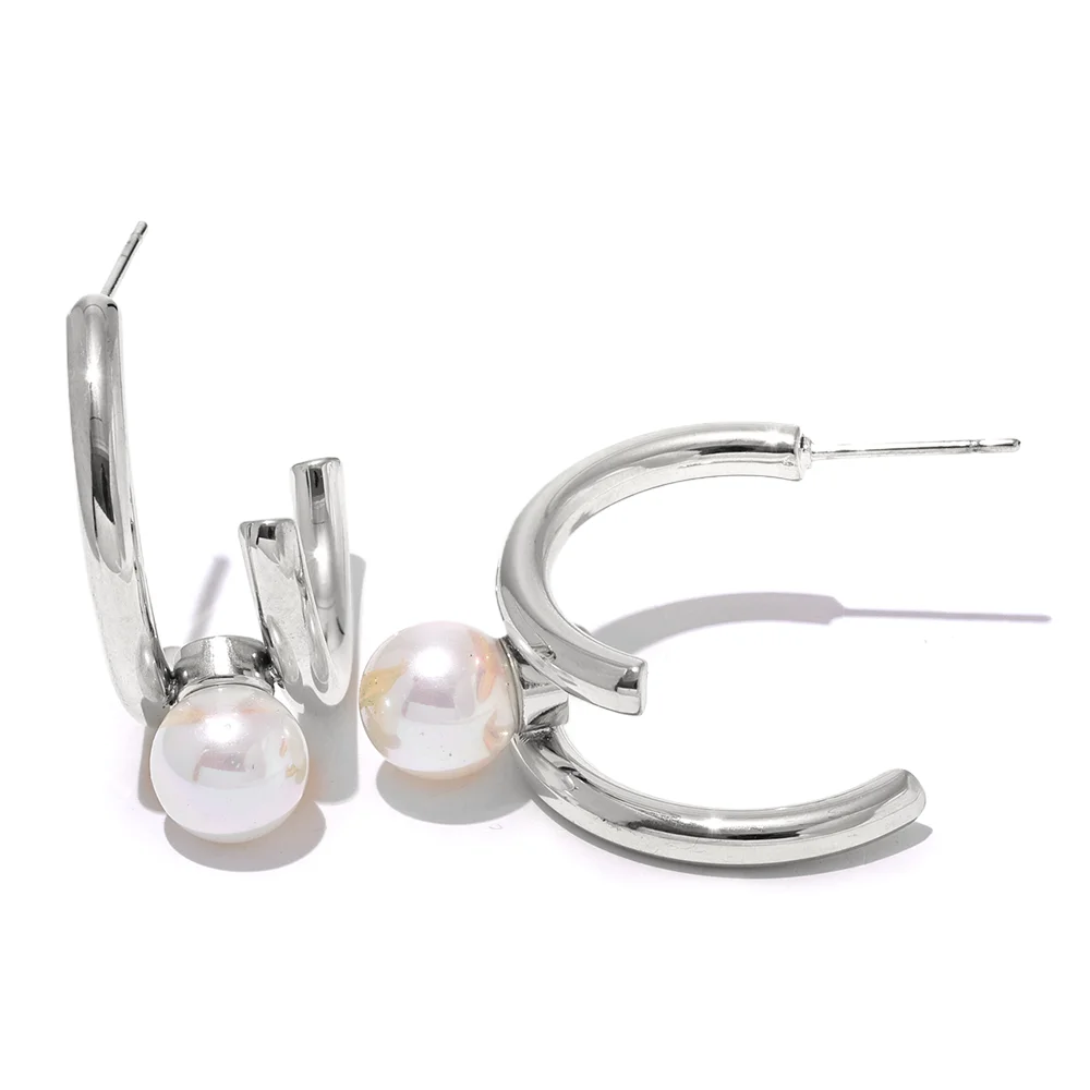 Geometric Imitation Pearl Huggie Earrings