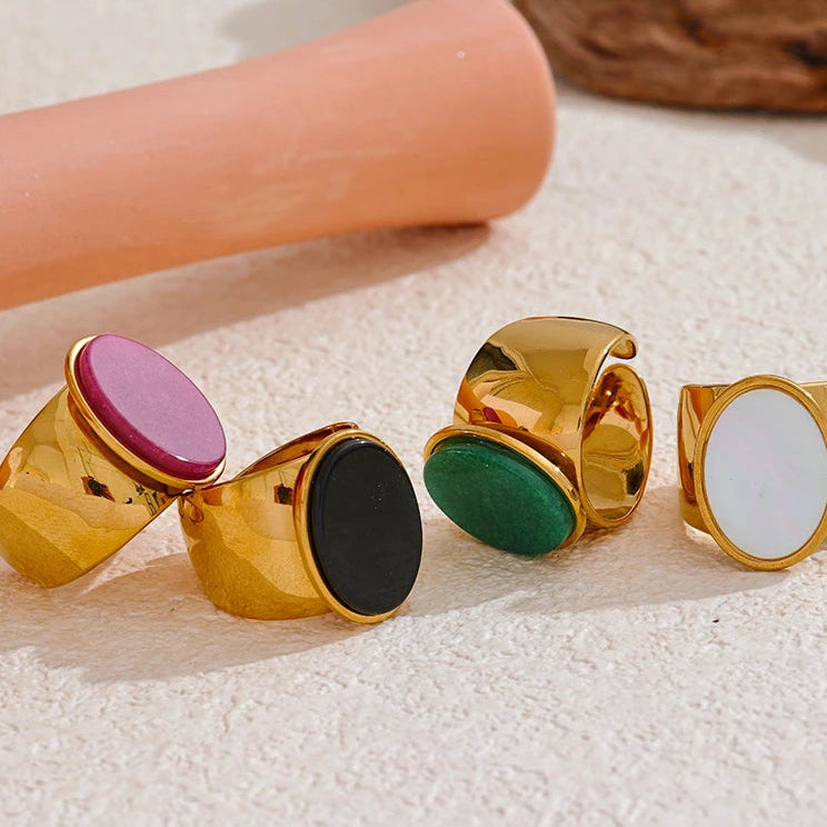 Wide Stone Inlay Gold Ring