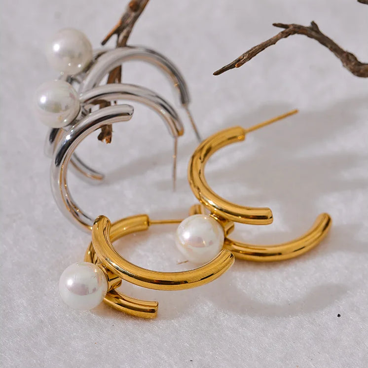 Geometric Imitation Pearl Huggie Earrings