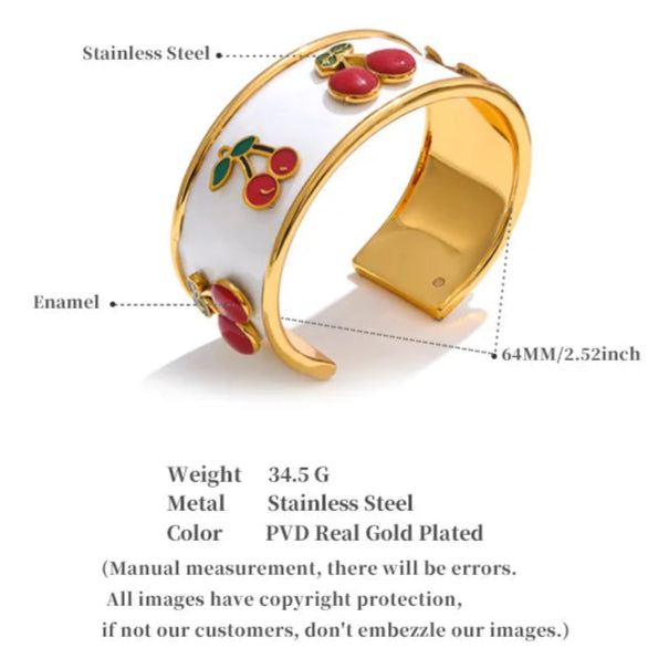 White Enamel Cherry Cuff Bracelet
