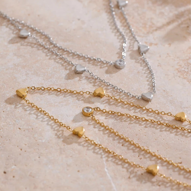Double Layer Heart & Zirconia Necklace