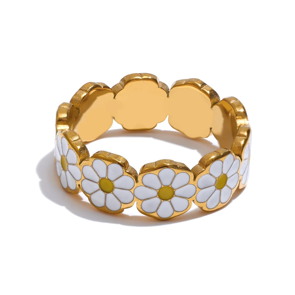 White Enamel Daisy Flower Ring