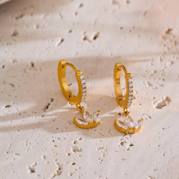 Gold Cubic Zirconia Flower Drop Hoop Earrings