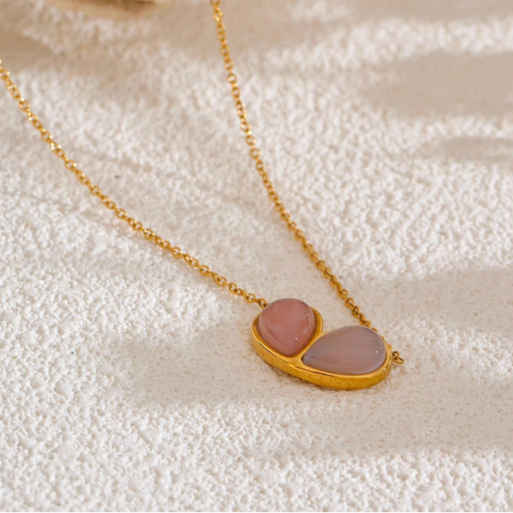 Natural Pink Stone Heart Pendant Necklace