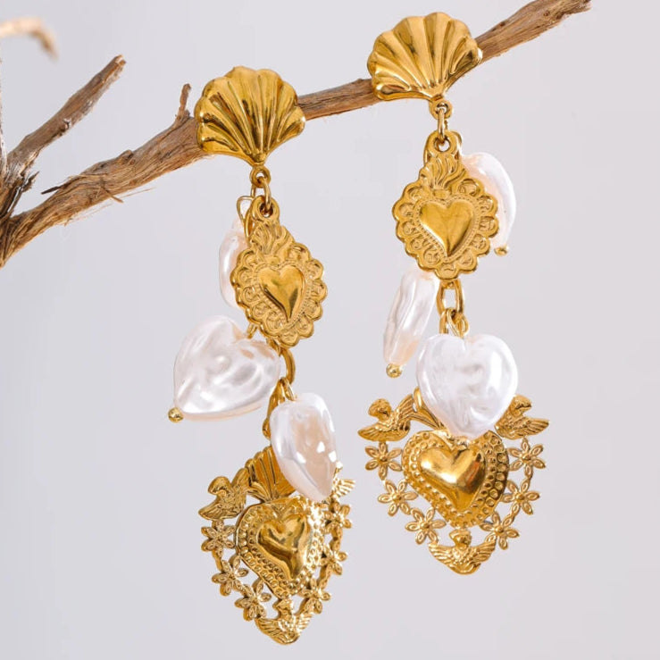 Baroque Pearl Heart Drop Earrings