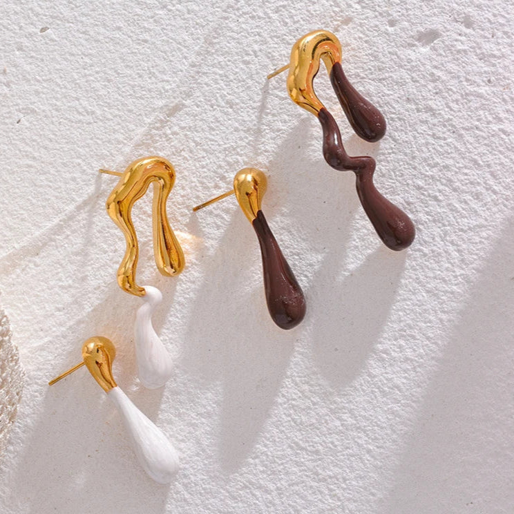 Asymmetrical White & Brown Enamel Stud Earrings