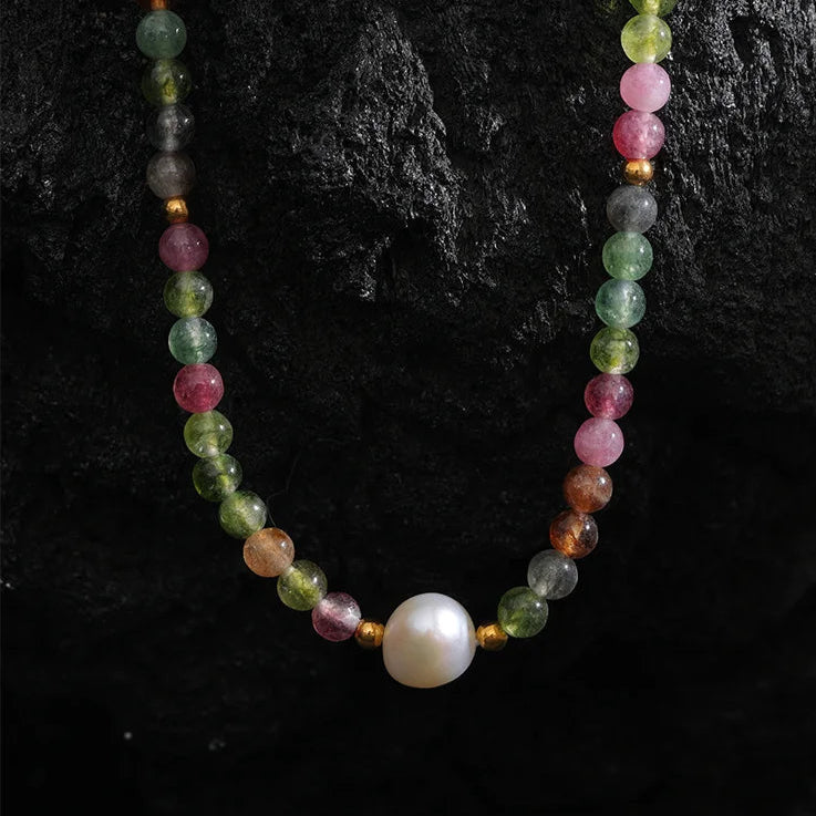 Multicolor Tourmaline & Pearl Beaded Necklace