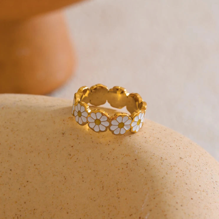 White Enamel Daisy Flower Ring